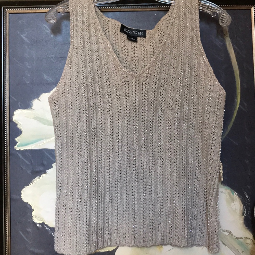 Ellen Tracy Hand Beaded Knit Top Sz M  8-10